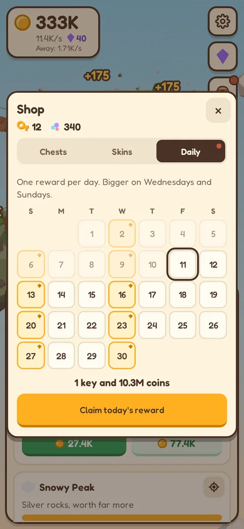 Daily reward calendar with the special days marked