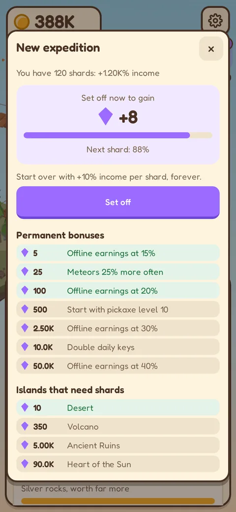 Expedition window with shards to earn and permanent bonuses