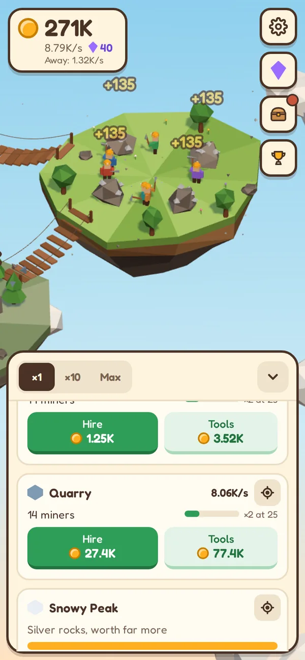 Pickadrift on a phone: miners breaking tin rocks on a floating island, with the shop panel below