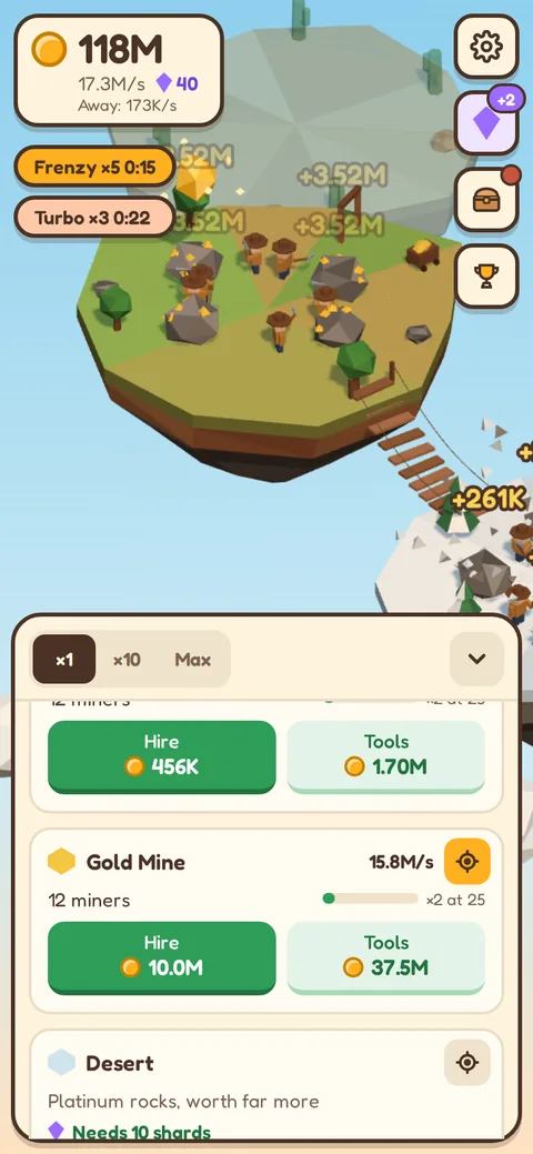 A golden meteor floating over the Gold Mine, with frenzy and turbo boosts active